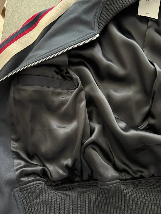 Sandro Navy Bomber Jacket with Red and Cream Striped Sleeves - Picture 6 of 8